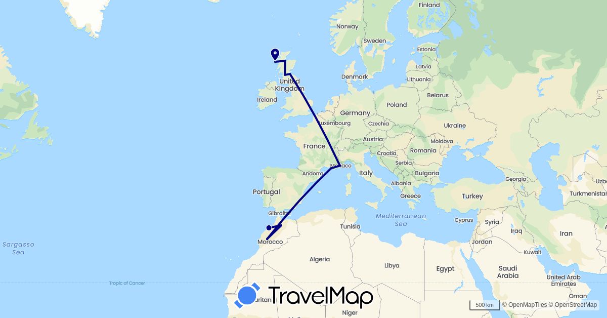 TravelMap itinerary: driving in France, United Kingdom, Morocco (Africa, Europe)